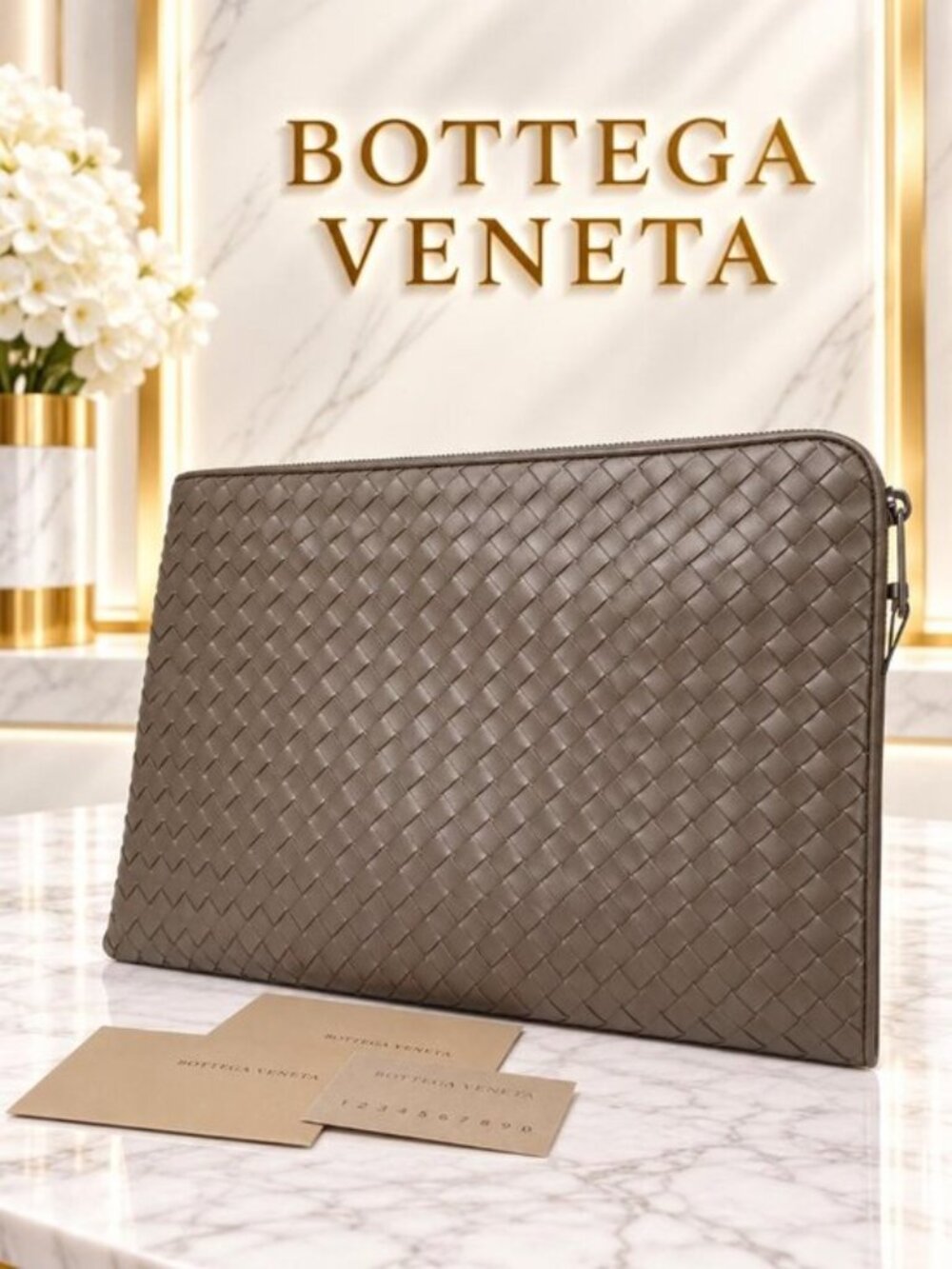 Authentic Bottega Veneta Intrecciato Taupe Leather Zip Pouch/Clutch Case